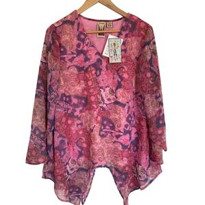 Antthony‎ Pink Purple Paisley Patchwork Chiffon Tunic Top Bell Sleeve Medium NEW